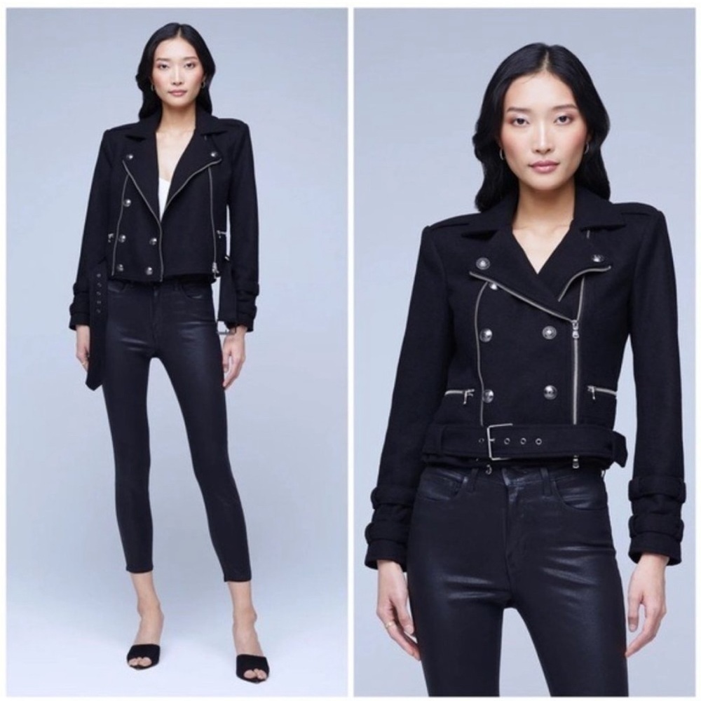 L’AGENCE Billie Belted Button Embellished Wool Blend Biker Jacket Black Size XS